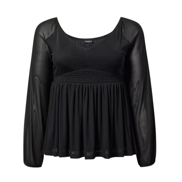 torrid Tops - Torrid Black Mesh Top Size 1X 14/16 V-Neck Smocked Empire Waist Babydoll Blouse